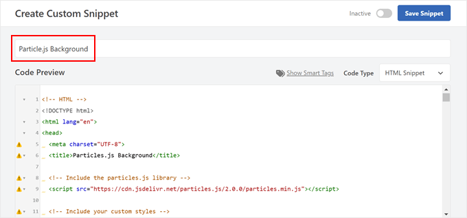 Naming a particle.js code snippet in WPCode