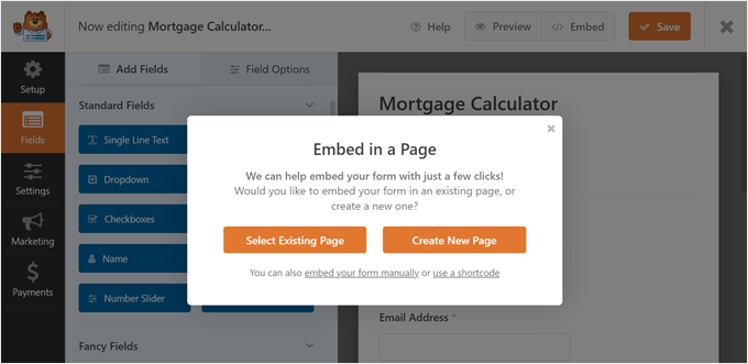 The embed options in WPForms The embed options in WPForms