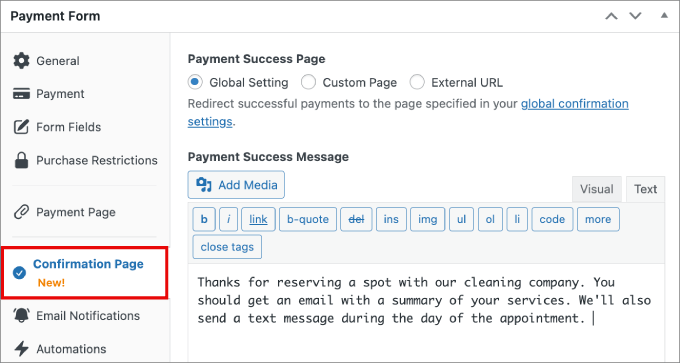 confirmatons message confirmatons message