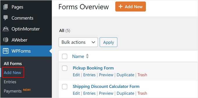 Comment établir la confiance et gagner de l'argent avec le marketing d'affiliation éthique Clicking Add New in WPForms