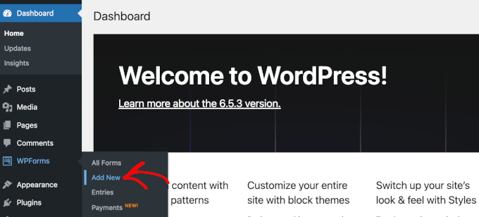 Editing a page using FSE The Add New button under WPForms in the WordPress admin area