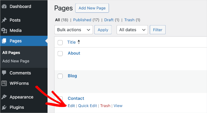 Serviço Quicksite The Edit button for editing a WordPress page