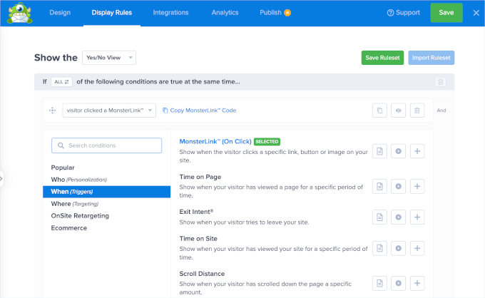 Cleaning services form preview with WPForms OptinMonster's display rules tab with MonsterLink selected