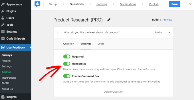 Find the section ID at the end of the URL UserFeedback's randomize option