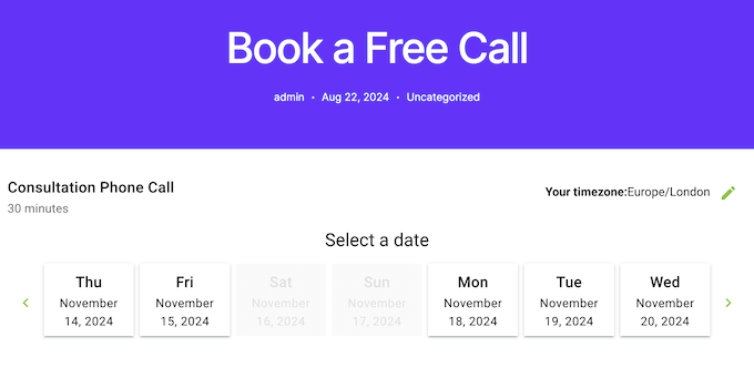 An example of an appointment booking calendar, created using Simply Schedule Appointments An example of an appointment booking calendar, created using Simply Schedule Appointments