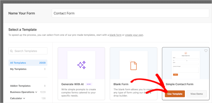 Choosing the Simple Contact Form template
