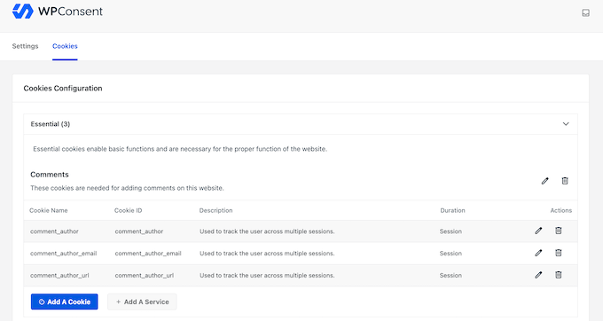 An example of a cookie log, created automatically using WPConsent