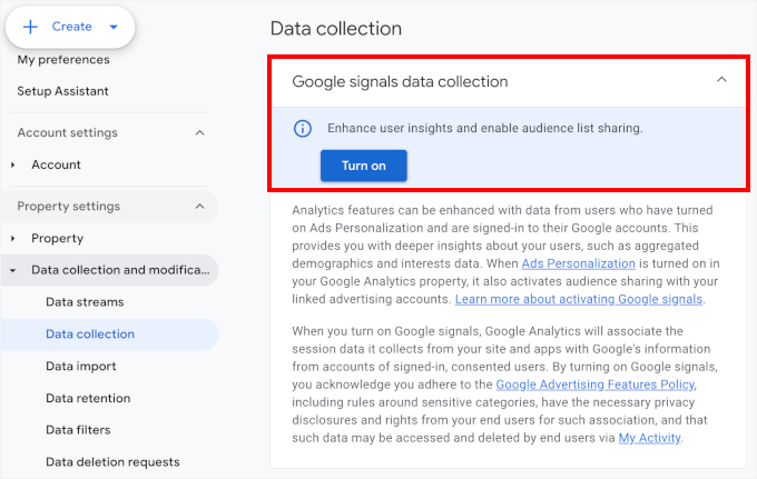Google signals data collection turned off