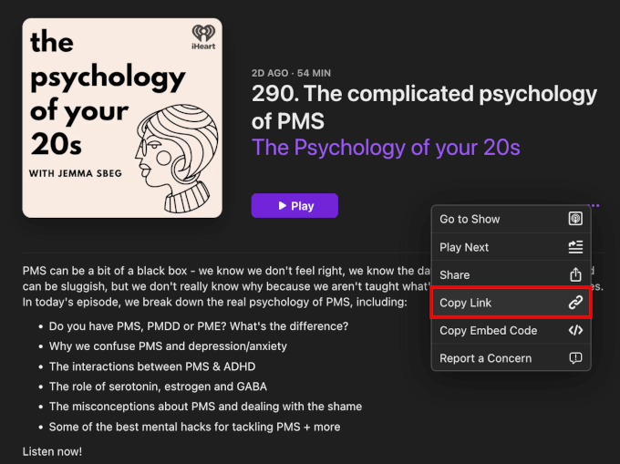 Copy Link from an individual episode page Copy Link from an individual episode page
