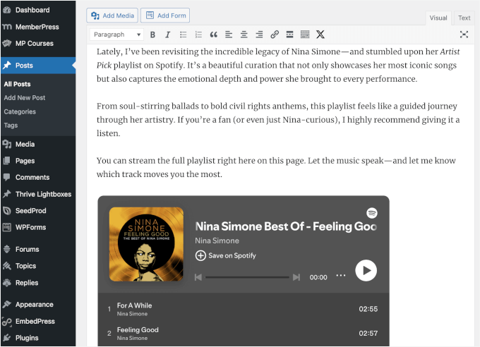 Embedding Spotify in the Classic Editor Embedding Spotify in the Classic Editor