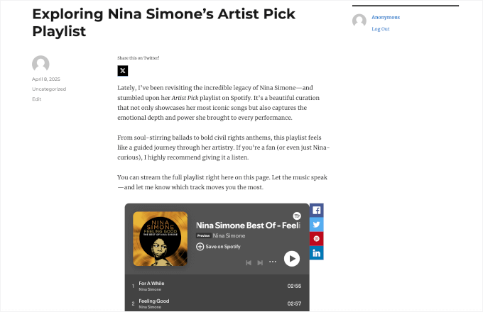 EmbedPress' Spotify player on a live site EmbedPress' Spotify player on a live site