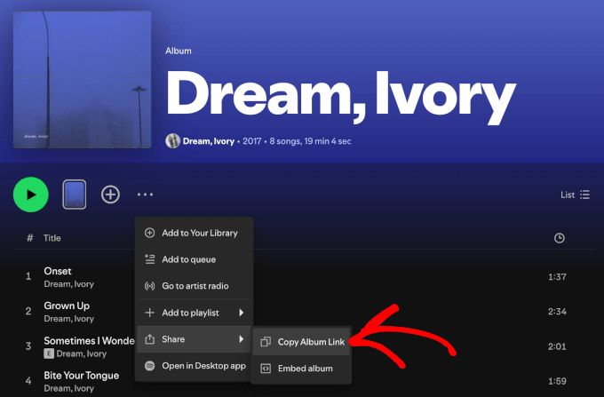 The Copy album link button The Copy album link button