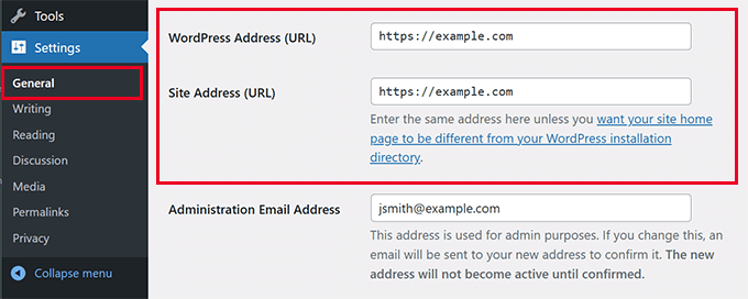 WordPress site URL settings WordPress site URL settings
